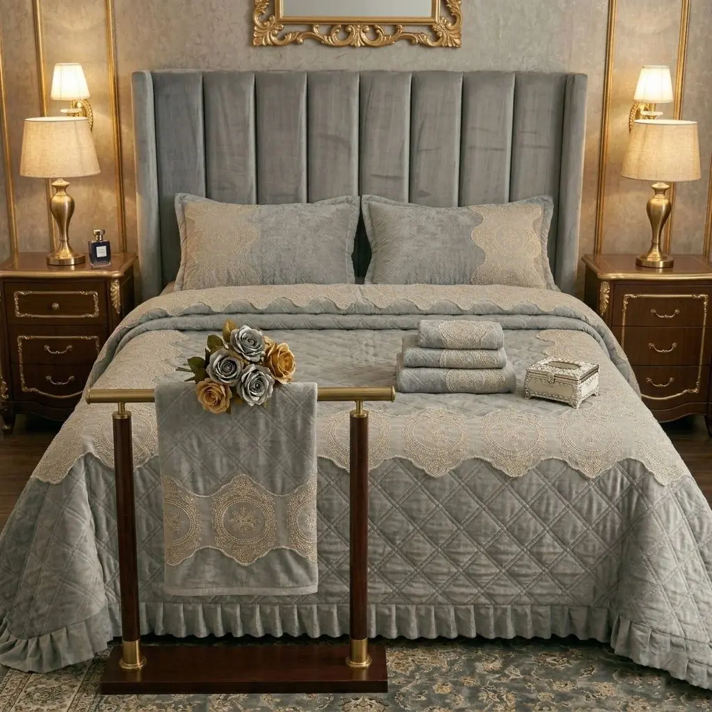Premium Royal Lace Quilted Bedspread Set | Elegant King Size Bedding with Pillow Covers (King Size (Bedspread: 100 × 10...